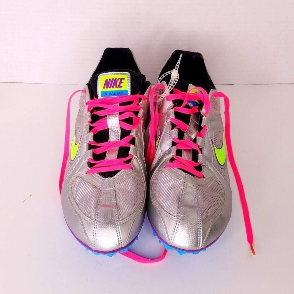 New Nike Womens Rival MD Sz 12 Track Field Shoe 468650 034 Metallic Silver Blue